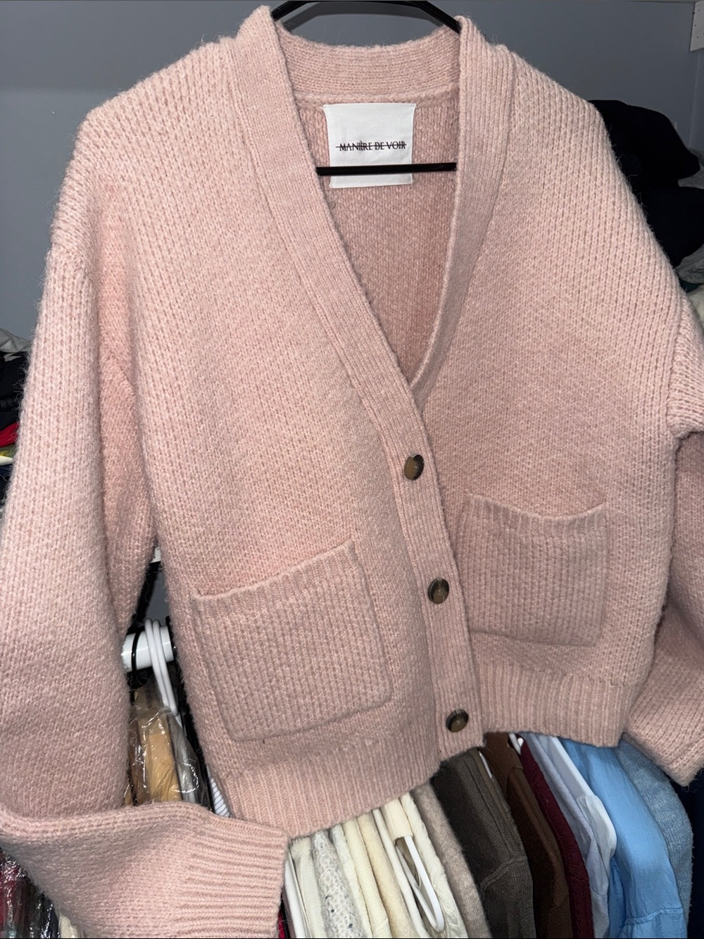 Maniere De Voir Blush Pink Button-Up Knit Cardigan